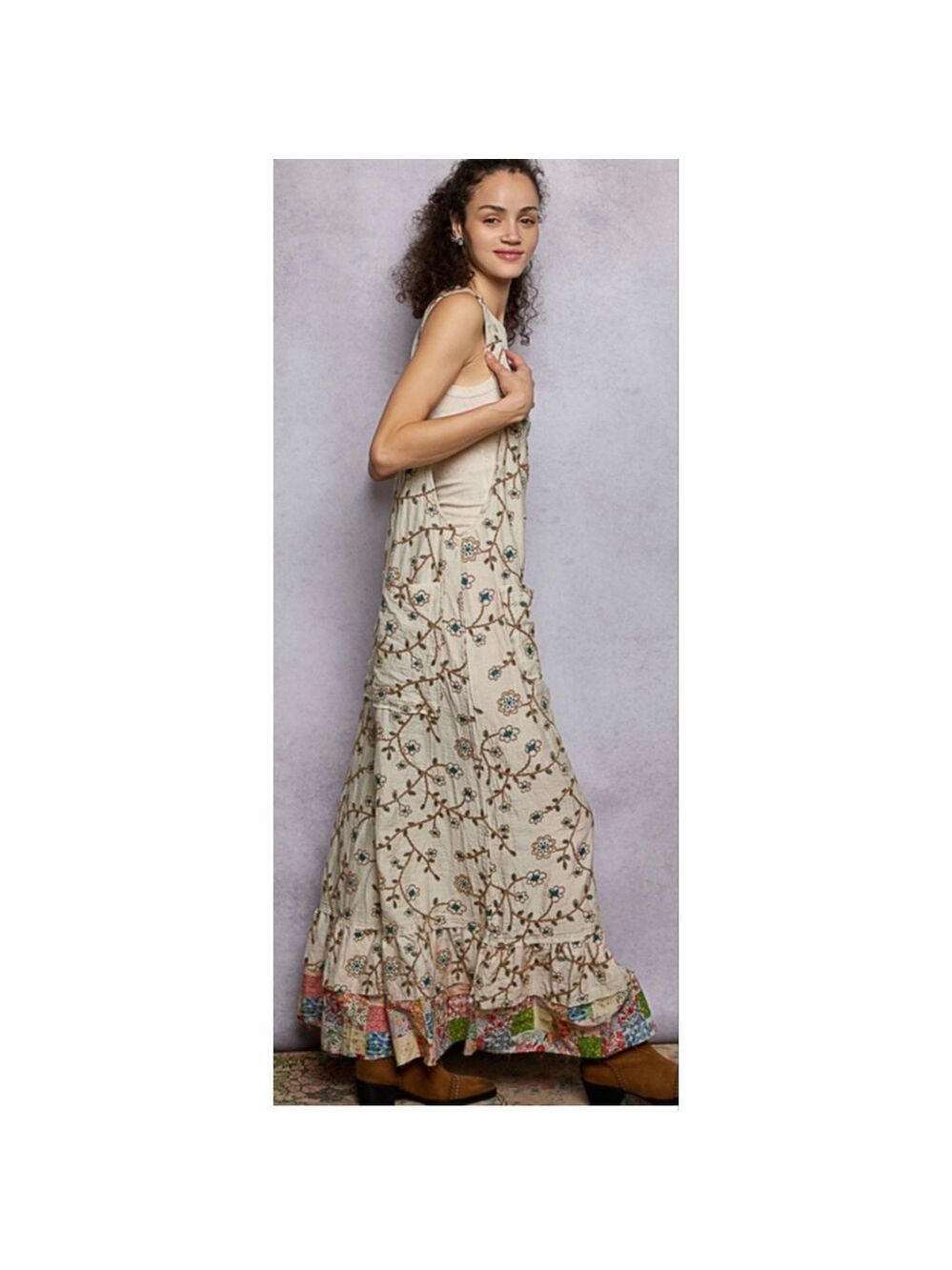 NEW POL Boho Whimsigoth Floral Embroidery Patchwork Overalls Wide Leg Size S NWT - Picture 5 of 6